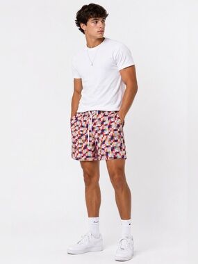 Humankind Pixel Check Swim Trunks Multicolor Drawstring Shorts Size S